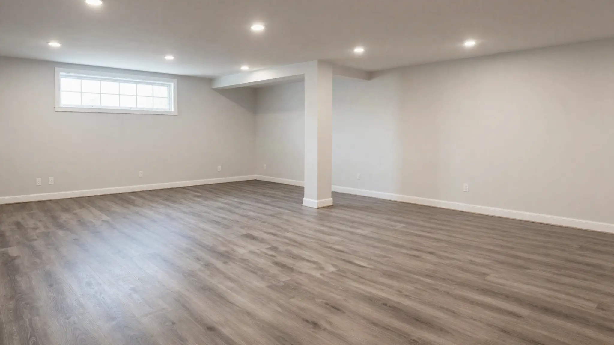Finished New Jersey basement with waterproof luxury vinyl plank flooring and an egress window