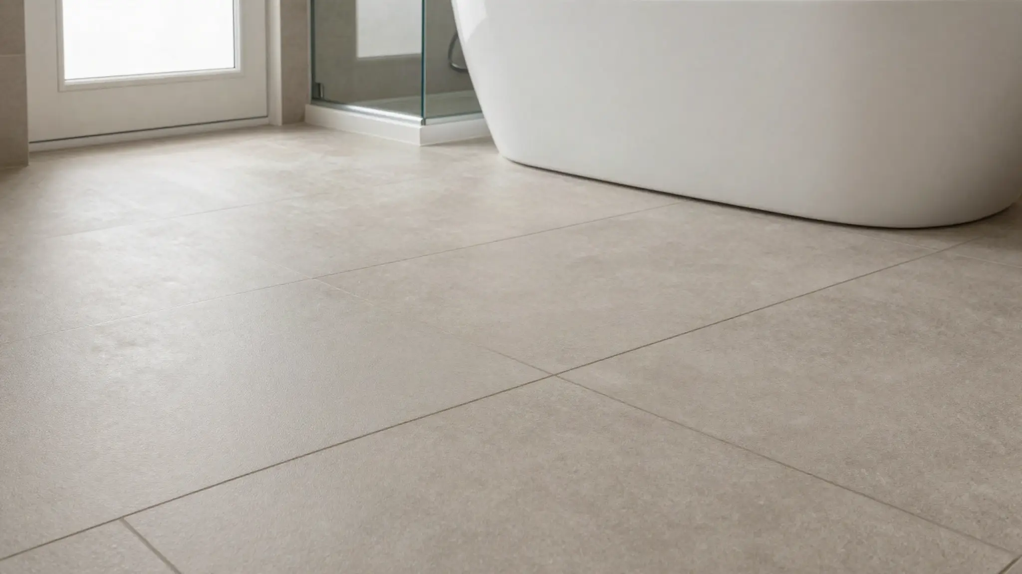 Large-format porcelain tile bathroom floor beside a freestanding tub and glass shower