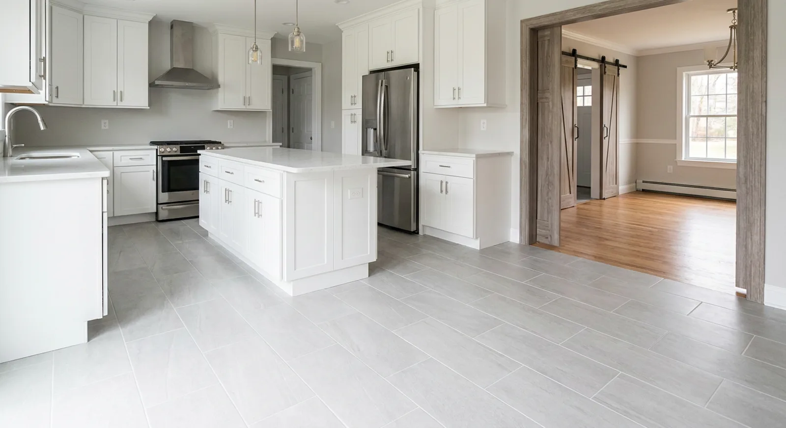 Bright NJ kitchen with a light-gray porcelain tile floor in the foreground and warm hardwood flooring in the adjoining dining room