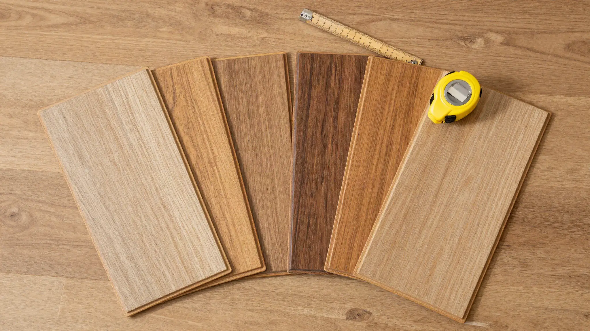 Hardwood flooring stain samples fanned out on a floor with a tape measure and folding ruler
