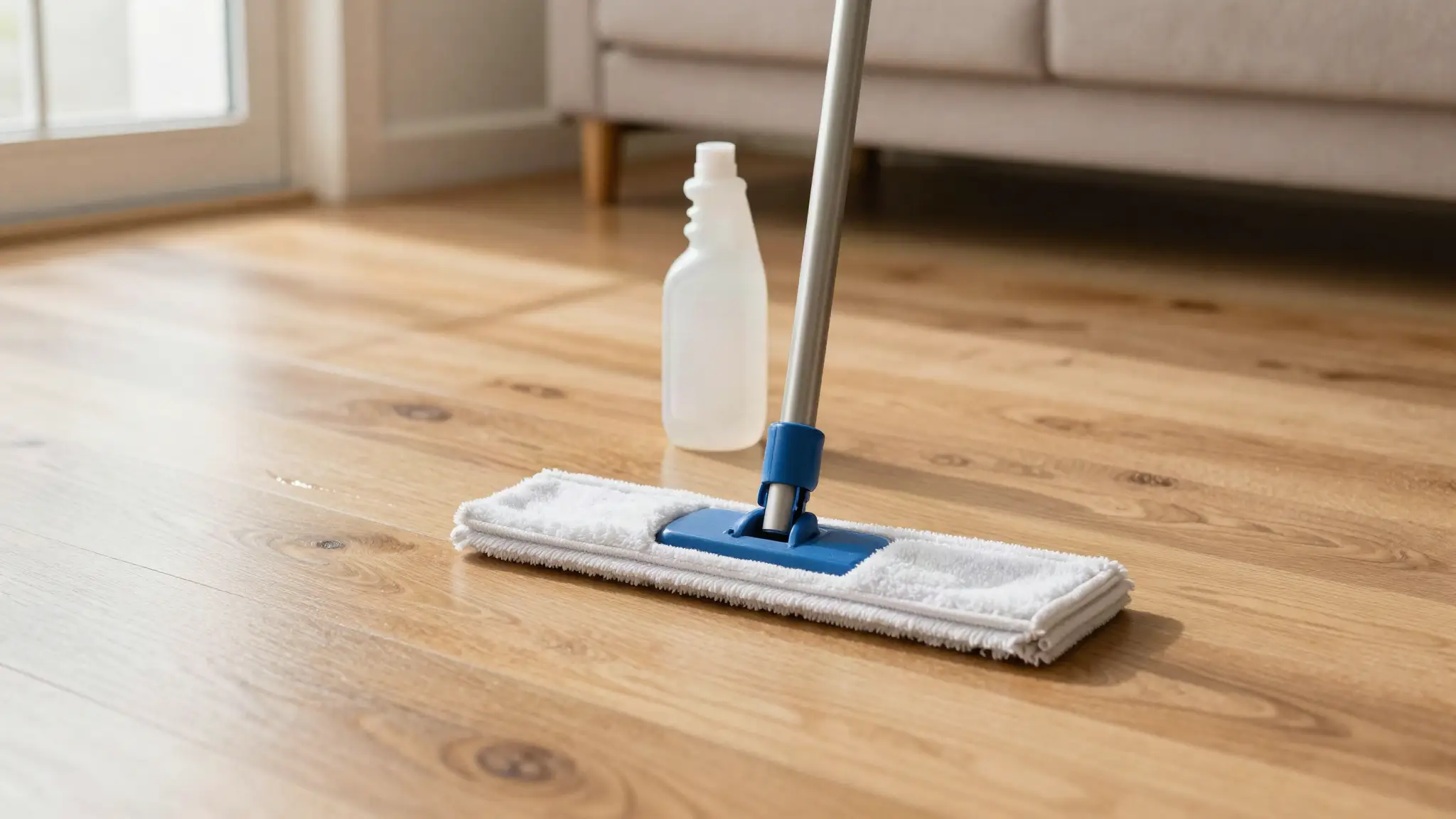 Microfibre flat mop and a spray cleaner on a satin-finished oak hardwood floor