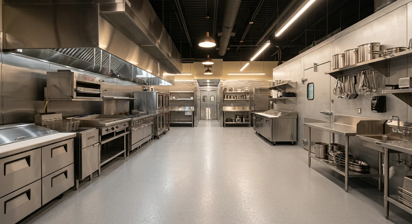Empty commercial restaurant kitchen with a seamless light-gray resin floor, stainless steel equipment on both sides