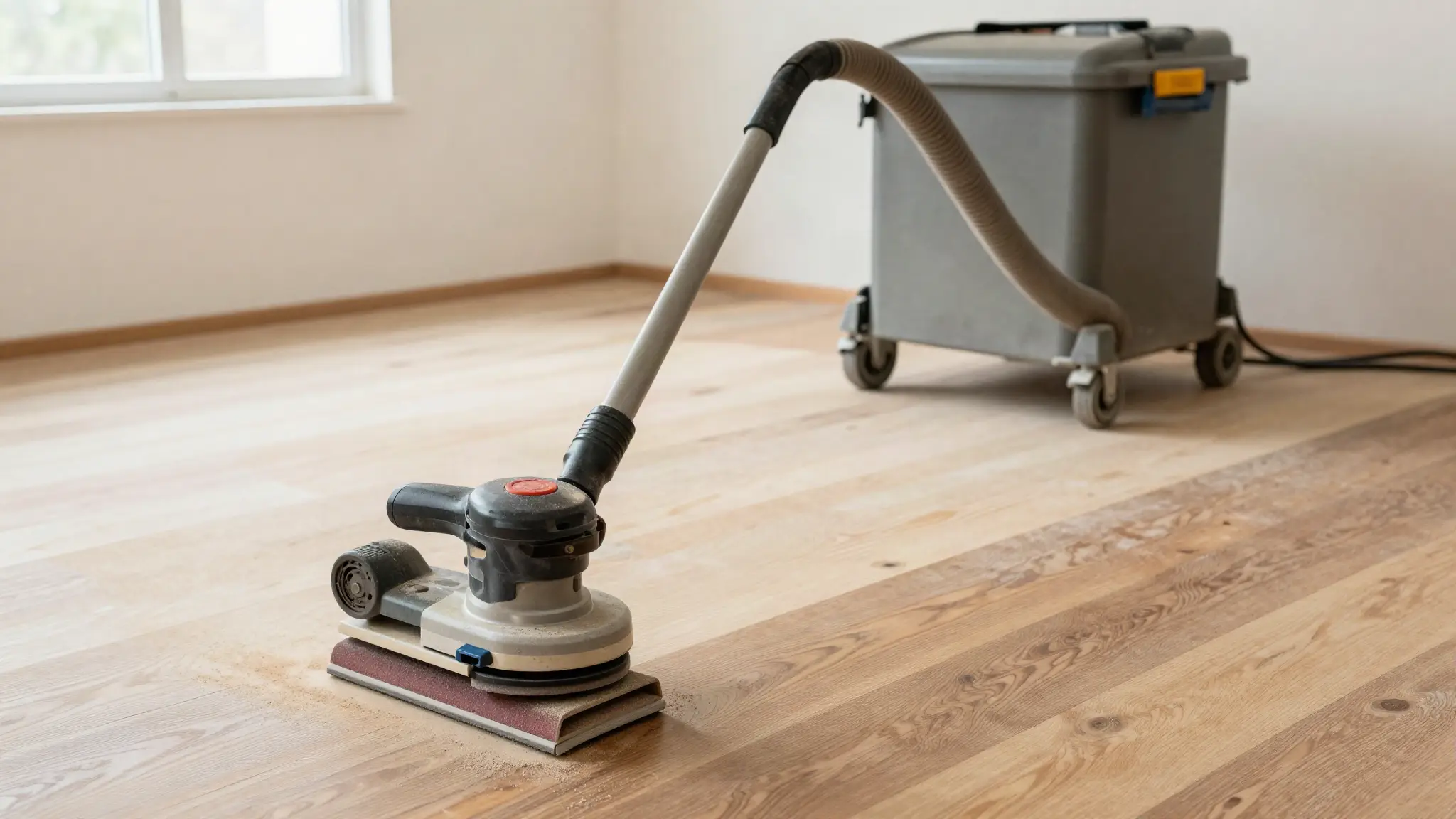 Floor sander connected by a hose to a sealed dust containment vacuum on a partly sanded oak floor