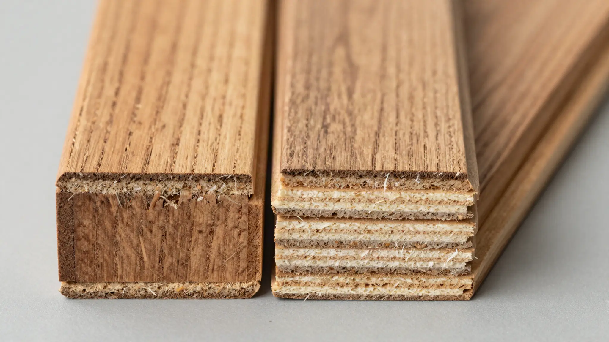 Cut ends of a solid hardwood plank and an engineered plank side by side showing the plywood core layers