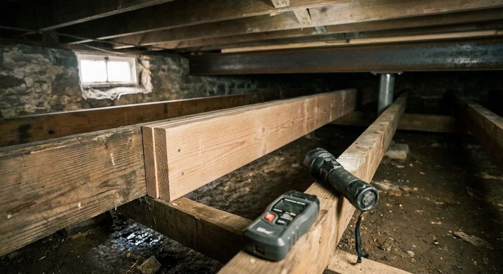 Contractor inspecting exposed floor joists in a vented crawlspace beneath a Jersey Shore home, with a flashlight and moisture meter