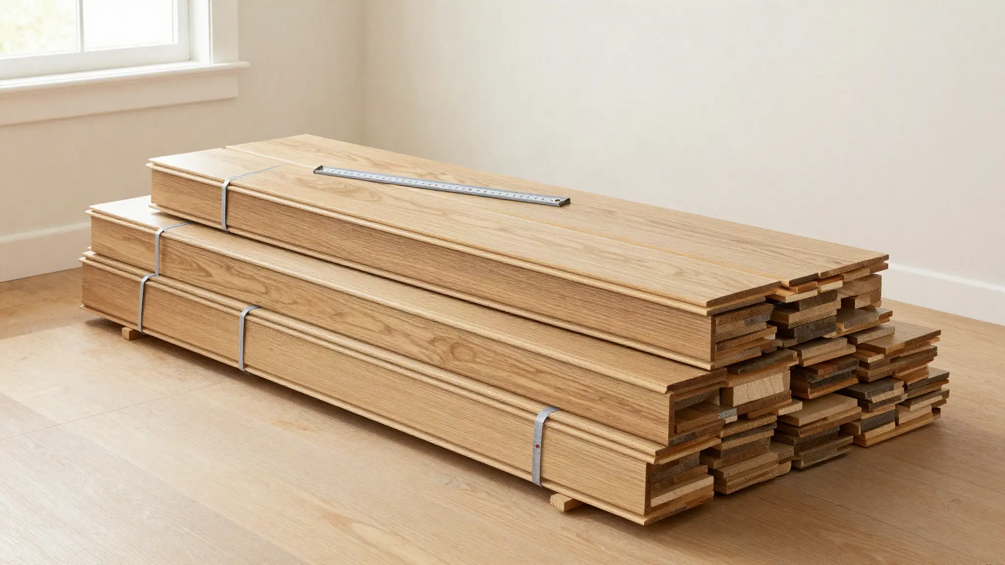 Banded bundles of solid oak flooring planks acclimating in an empty New Jersey room before installation