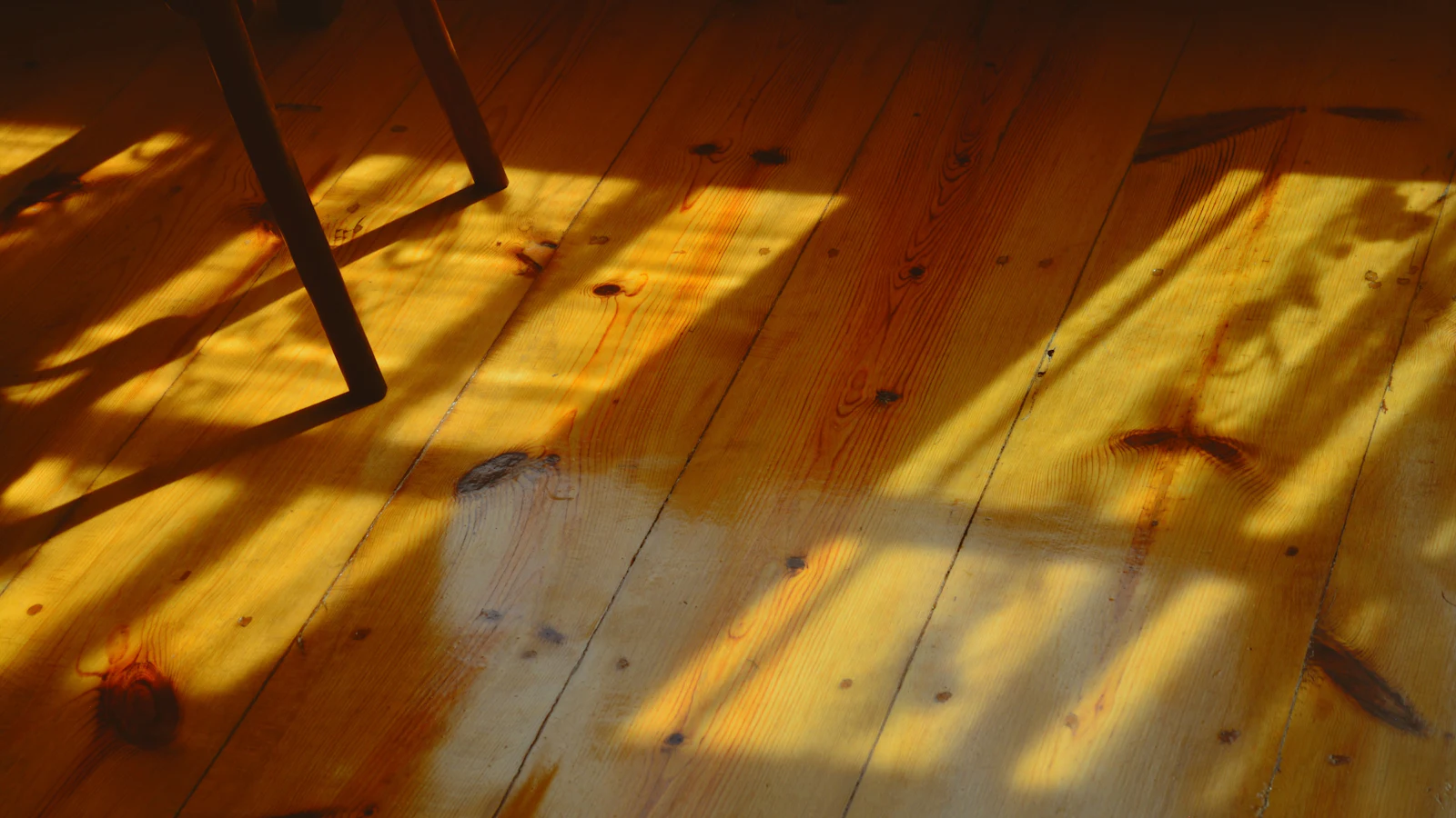 Close-up of pale wood floorboards with visible seams and patches of sunlight