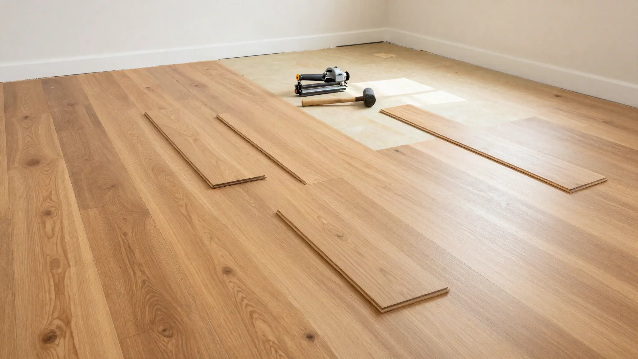 Hardwood floor installation in progress with laid oak boards, loose planks and a flooring nailer