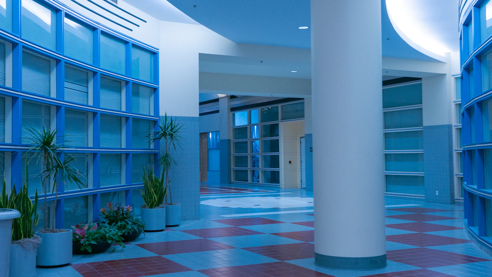 Commercial atrium with a red and blue checkerboard tile floor and large windows