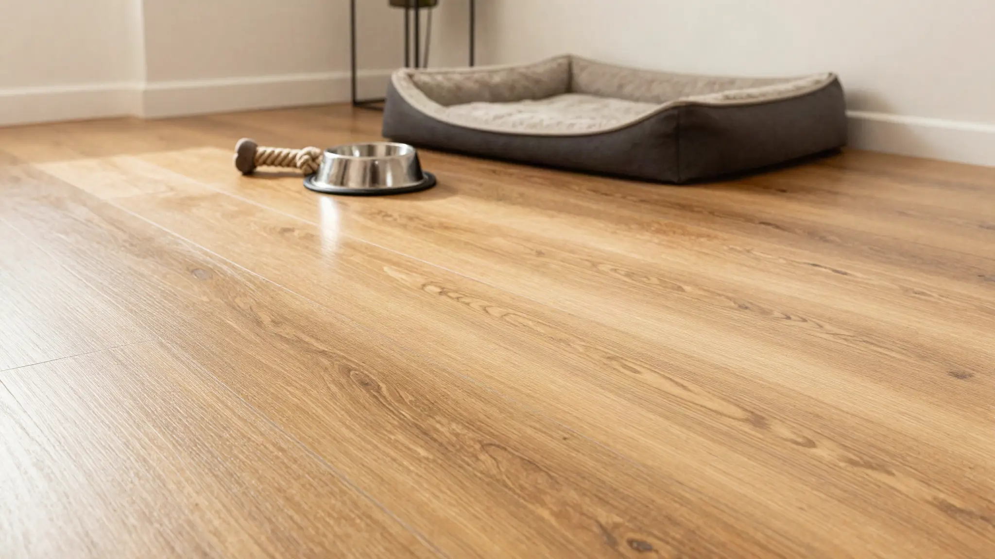 Scratch-resistant wood-look plank flooring with a dog bed, water bowl and chew toy
