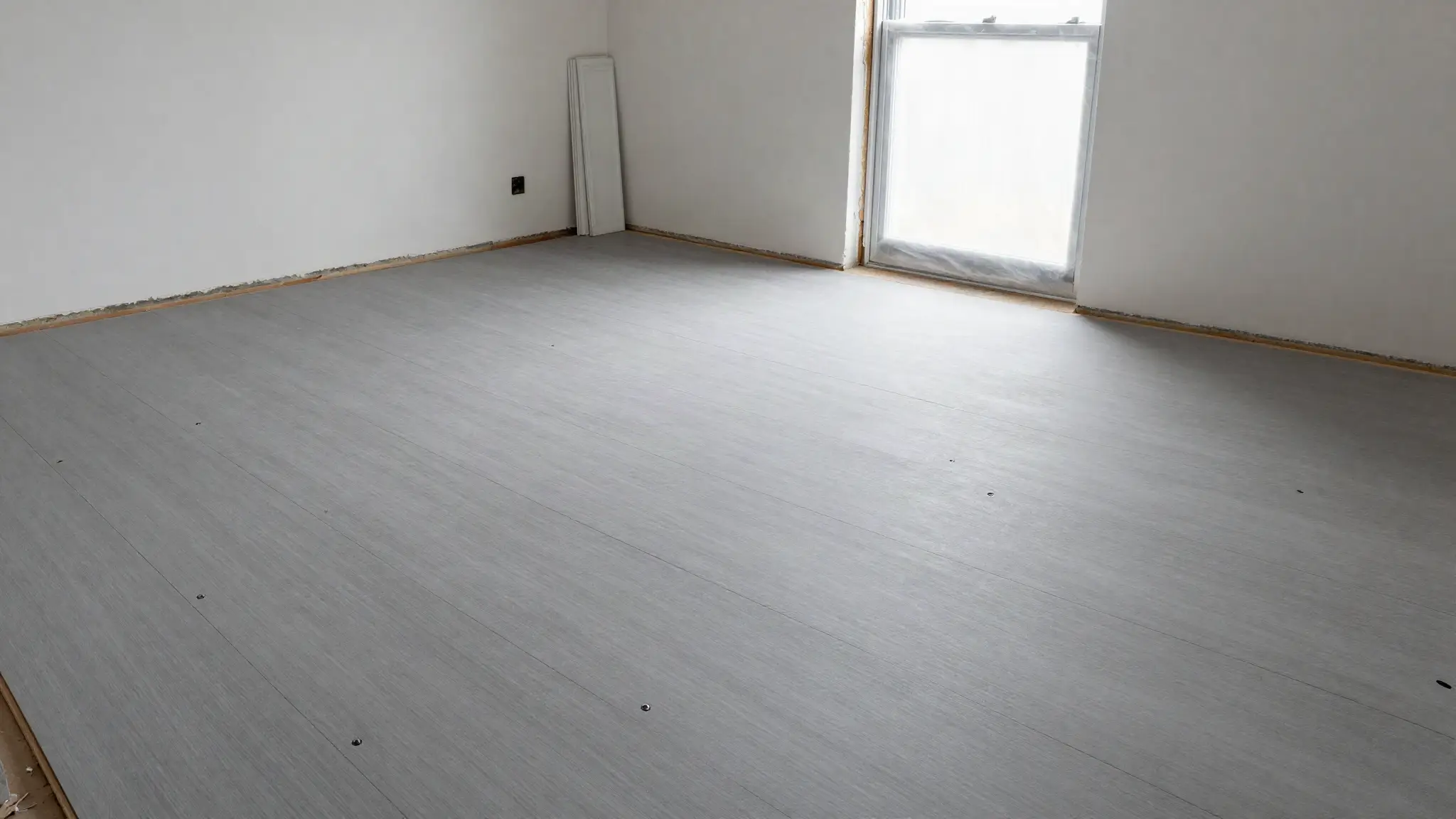 Empty room stripped to a bare plywood subfloor with baseboard trim removed, ready for new flooring