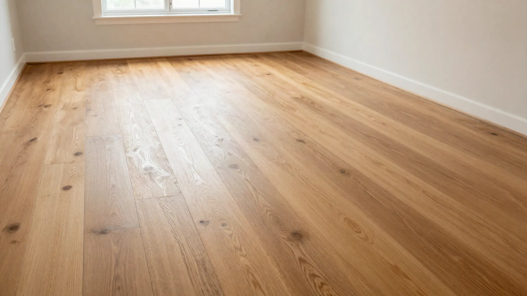 Oak floor mid-refinishing, with a freshly sanded pale section beside a sealed satin-finished section