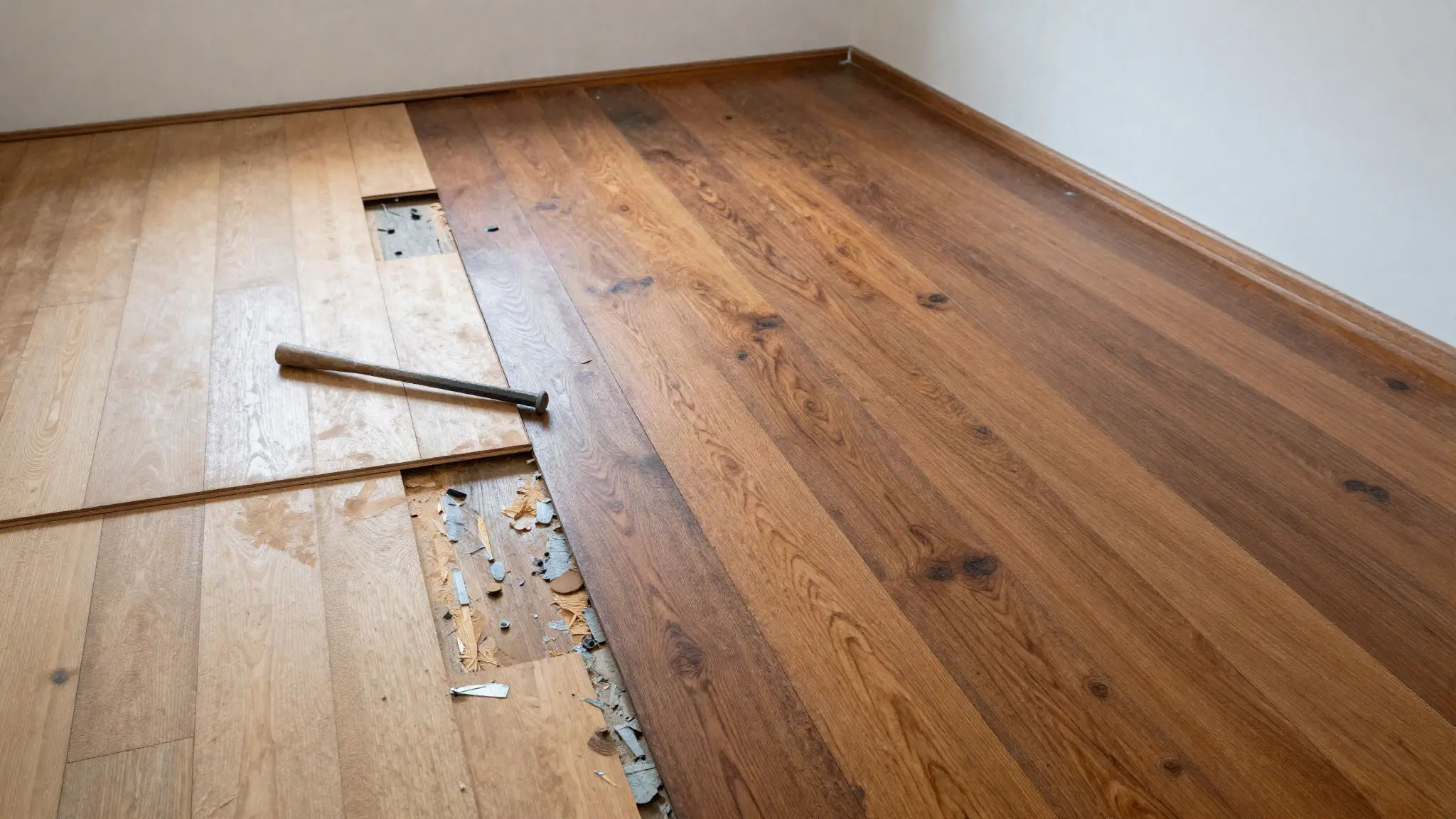 Old hardwood floor partly torn out, exposing the plywood subfloor beside the boards still in place