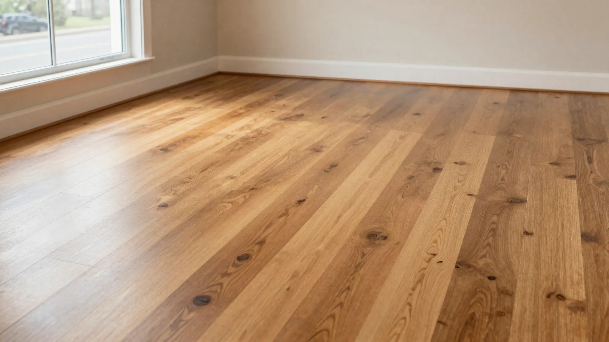 Oak hardwood floor with a dull hazy worn path beside a smooth reflective area of the same floor
