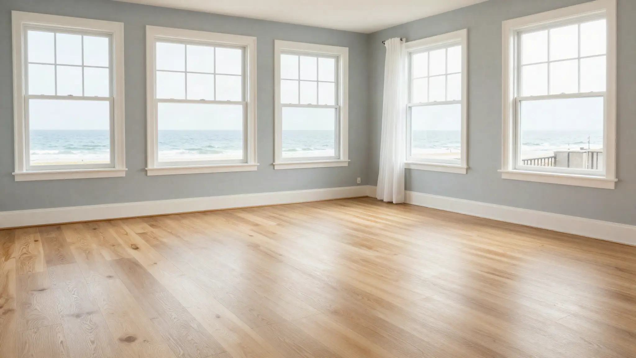 Light oak-look plank flooring in a Jersey Shore living room with ocean views through the windows