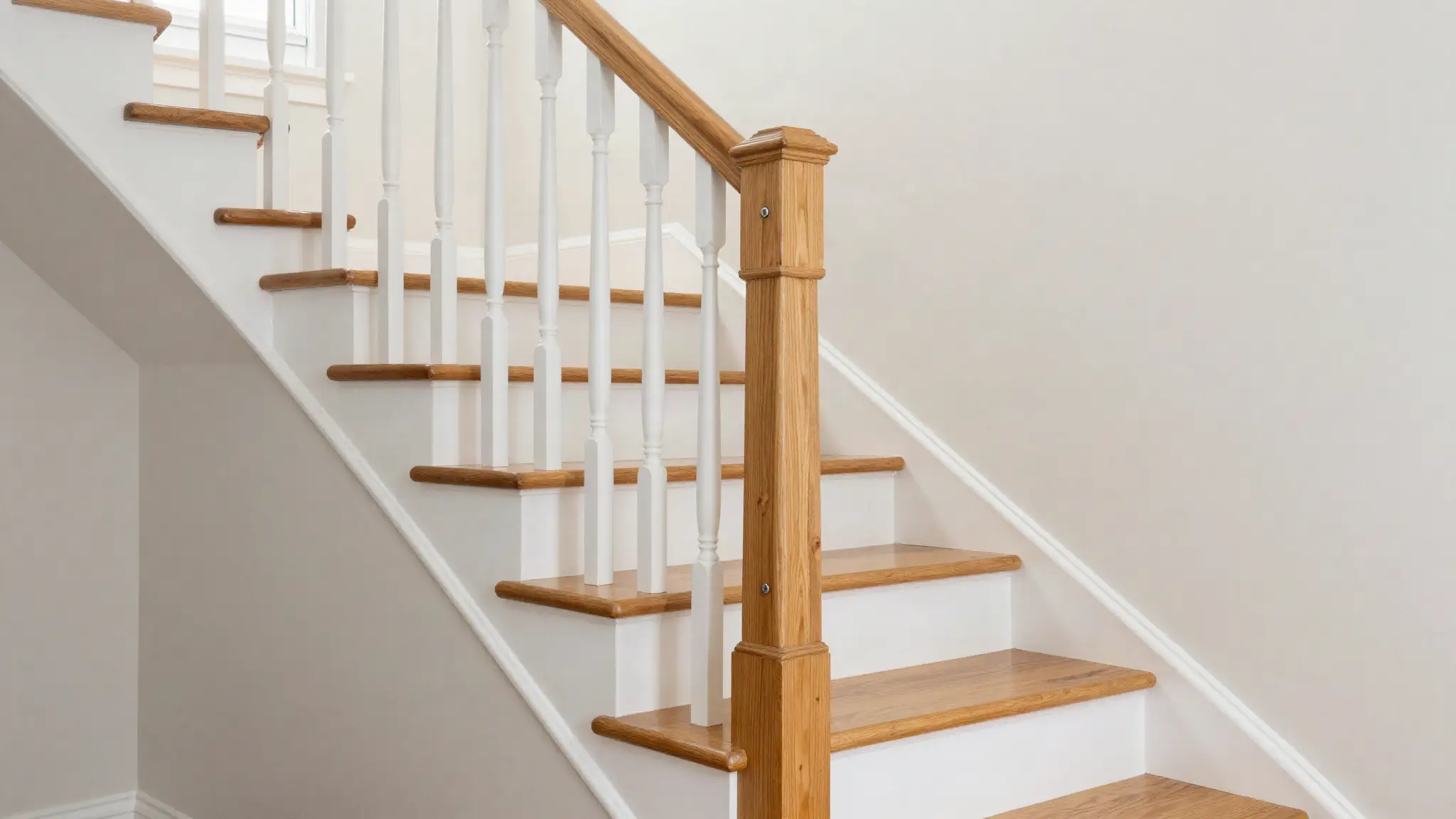 Oak stair treads with white risers, a wall-mounted handrail and a newel post with balusters