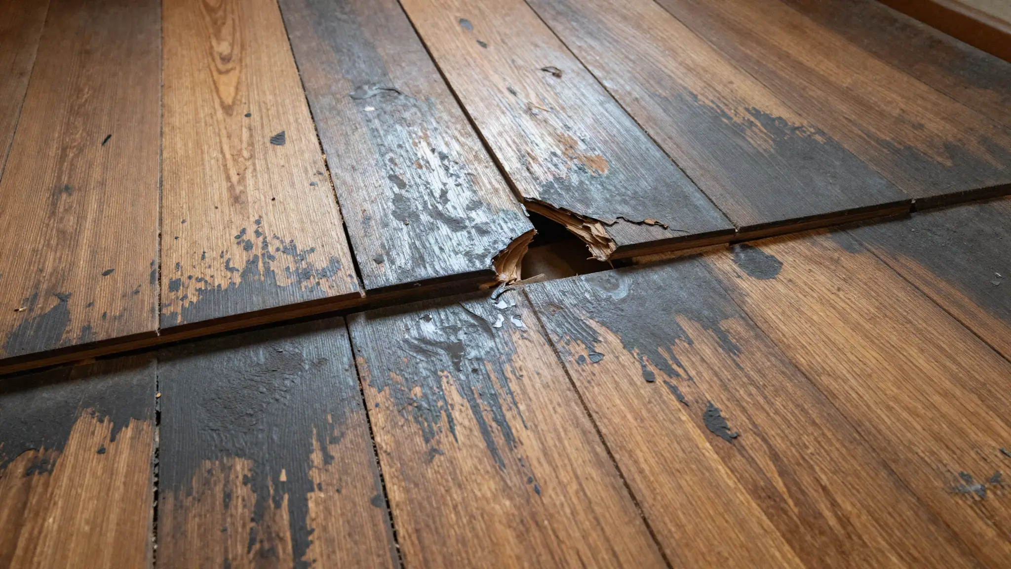 Water-damaged hardwood boards that are cupped, black-stained and lifting away from the subfloor
