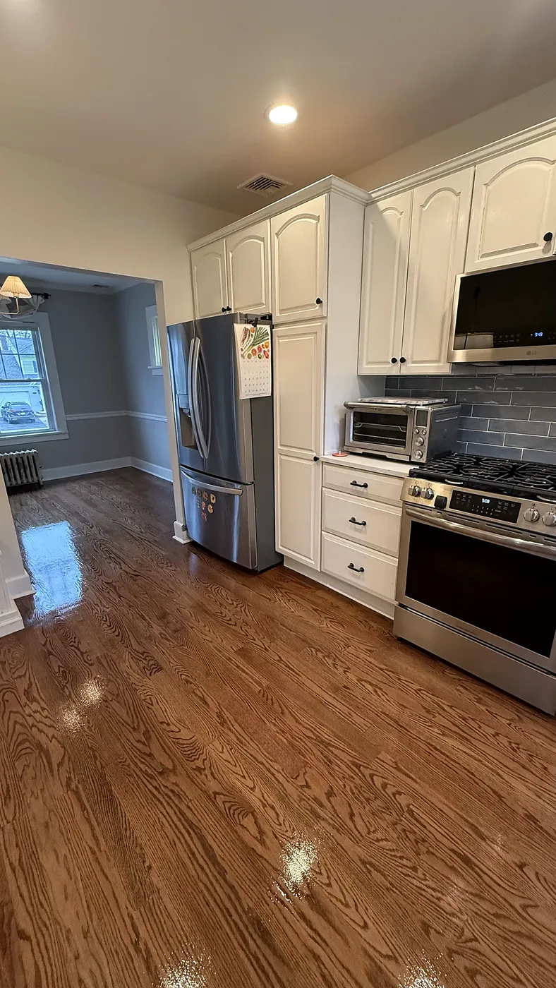 Hardwood Flooring in a White Kitchen